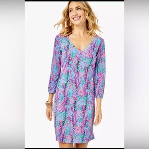 Lilly Pulitzer Tessa Multi Seaweed Samba Pima Knit V/Neck T-Shirt Dress Small